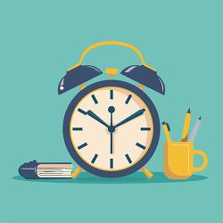alarm clock with books and a cup of pencils on a teal background