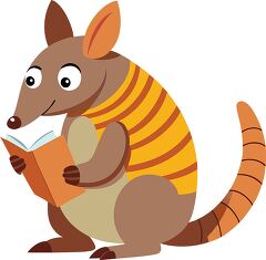 armadillo with striped armor holds an open book