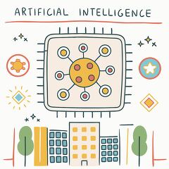 Illustration of artificial intelligence concepts featuring a central processing unit with interconnected nodes and a modern cityscape below