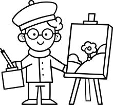 artist with glasses and a red beret stands beside an easel black
