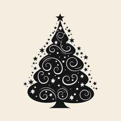 Artistic black Christmas tree design with starry motifs on a lig