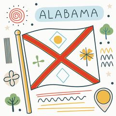 A vibrant illustration features the Alabama state flag adorned with creative and whimsical elements. Radiating sun symbols and charming trees surround the flag, celebrating the states identity.