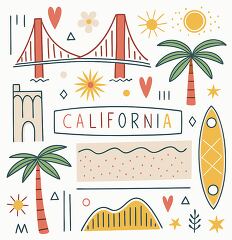 Bright and cheerful illustrations celebrate the essence of California, showcasing iconic symbols like the Golden Gate Bridge, palm trees, and sun.