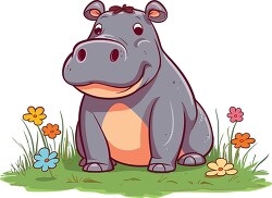 artoon hippo sits in a field of flowers clip art