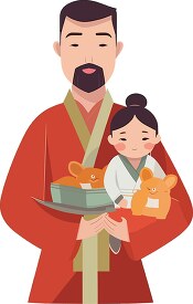 asian father wearing cultural clothing holds his young daughter 