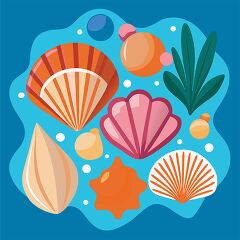 assortment of colorful seashells and sea plants