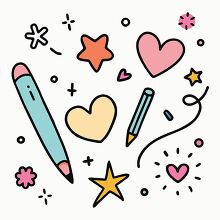 assortment of doodles pen line style with colorful elements