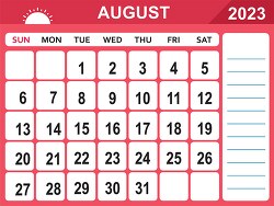 august 2023 calendar with days of the week printable clipart