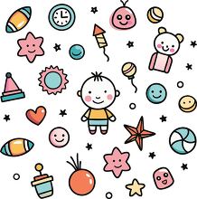 baby character encircled by symbols of toys stars and baby items