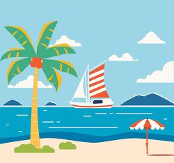 beach vacation with a palm trees and sailboat clipart