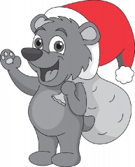 bear with gift bag and wearing xmas hat gray color clipart
