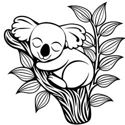 black and white coloring page featuring a cute koala bear nestle
