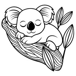 black and white coloring page showing a koala bear peacefully sl