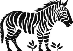 Black and white folk art illustration of a zebra among leaves