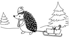 Black and white illustration of a hedgehog pulling a sled