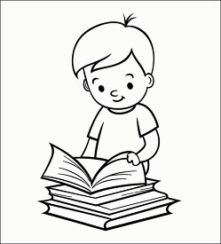 black and white line drawing of a cute young boy reading a book