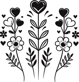 black botanical heart display with various flowers
