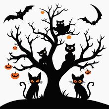 Black cats and bats perched on a spooky tree