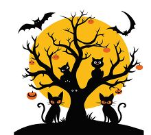 Black cats and bats perched on a spooky tree orange moon clipart
