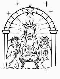 black outline of a printable Christmas nativity scene with Jesus