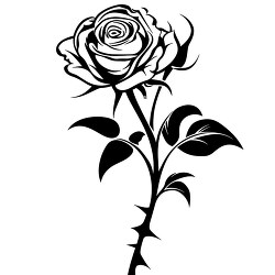 black outline of rose on a stem in full bloom
