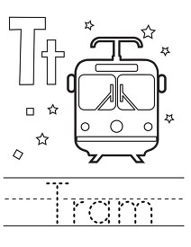 black outline tram with alphabet letter T Upper lower case child