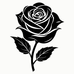 black silhouette of a rose with leaves