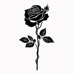 black silhouette rose on a stem in full bloom