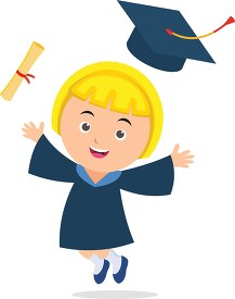blonde hair female student jumping for joy at graduation