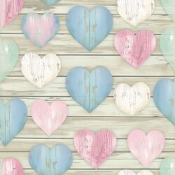 blue pink white wooden hearts on a rustic white plank background