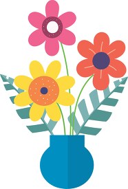 blue vase filled with colorful flowers and leaves clip art