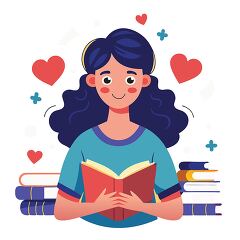 book loving girl in a colorful setting full of hearts and warmth