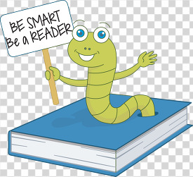 book worm in book with sign be smart reader transparent