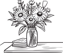 bouquet of flowers on a table black outline drawing