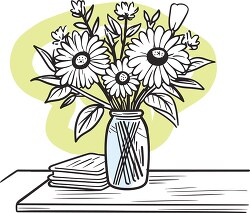 bouquet of flowers on a table black outline drawing with yellow 