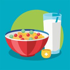 A bowl of yogurt topped with granola, fresh strawberries, and a drizzle of honey, accompanied by a glass of orange juice - breakfast clipart