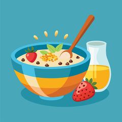 A bowl of yogurt topped with granola, fresh strawberries, and a drizzle of honey, accompanied by a glass of orange juice - breakfast clipart