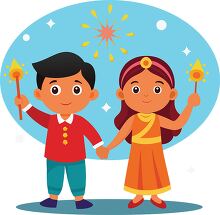 boy and a girl hold hands while enjoying Diwali