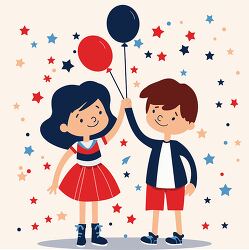 boy and girl holding balloons with stars and confetti