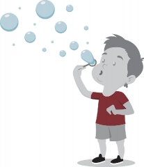 boy blowing bubbles holding wand to lips