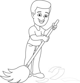 boy cleaning debris with broom black outline