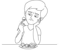 boy eating vegetables looking unhappy black outline clipart