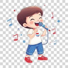 Boy Enjoying Singing With a Microphone and Music Notes