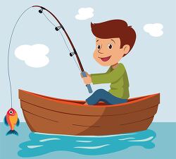 boy fishing in a boat catching a fish clipart