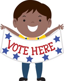 boy holding a vote here banner sign clipart