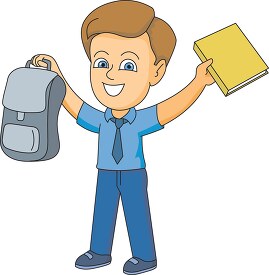 boy holding backpack and school book