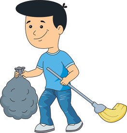 boy holding broon doing chores clipart