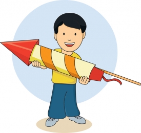 boy holding large fireworks cartoon clipart