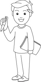 boy holding pen and paper black outline clipart