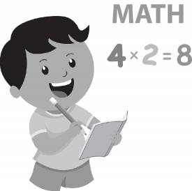 boy holding pencil solving math in note book gray color clipart